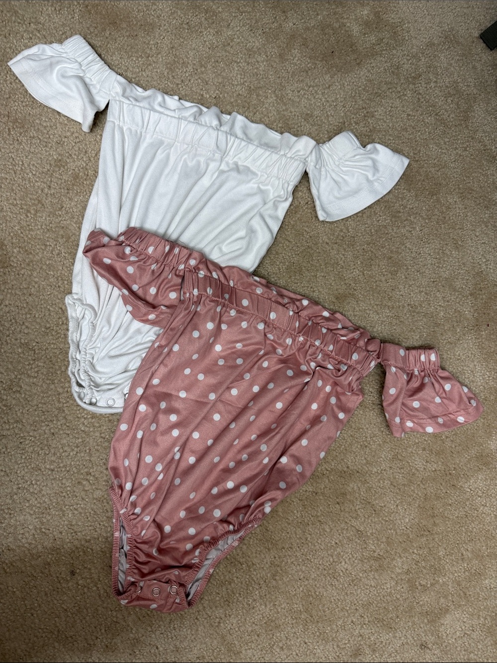 Toddler Off-Shoulder One-Piece - White & Dusty Rose Polka Dot